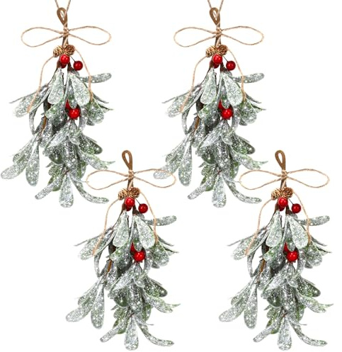 NOVWANG 4 PCS Christmas Mistletoe, Red Berries Pine Cones Artificial Mistletoe Dry Leaf Decoration for Christmas Tree Door Wreath Decorations