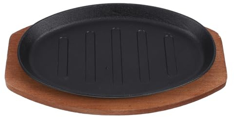 OSOLADY Placa de Hierro Fundido para Parrilla con Base de Madera Sartén para Asar Filetes Pescado y Queso Apta para Hogar y Restaurante