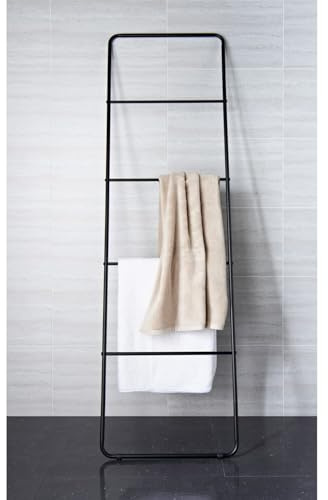New Freestanding Bathroom Towel Rail Storage Ladder, 4 Rails for Drying Or Storing Towels, Rubber Feet for Secure Placement on Any Surface, A Versatile Fit for Various Décor - Matt Black