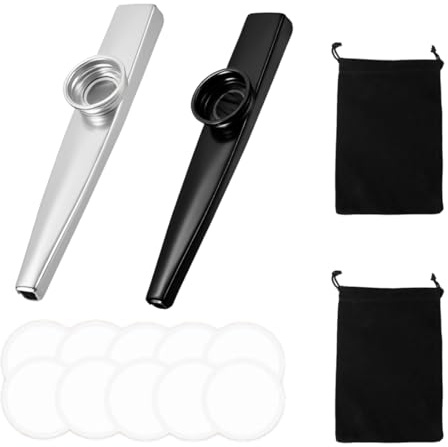 YIPFEN 2 Kazoos de Metal con 2 Bolsas de Almacenamiento + 10 Membranas de Repuesto, Kazoos Coloridos para Niños y Adultos, Regalos Ideales para Amantes de la Música y Fiestas