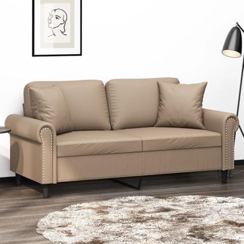 Basinlix 2-sitsig soffa med prydnadskudde i cappuccinobrun, 140 cm, konstläder, moderna stoppade möbler för vardagsrum och gästrum, hållbar design
