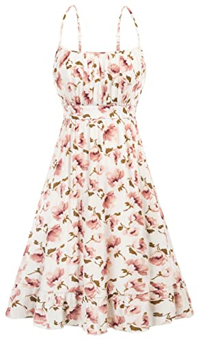 GRACE KARIN Women's Summer Dresses Spaghetti Straps A-Line Midi Dress Sleeveless Floral Beach Dress White Print Pink Flower M