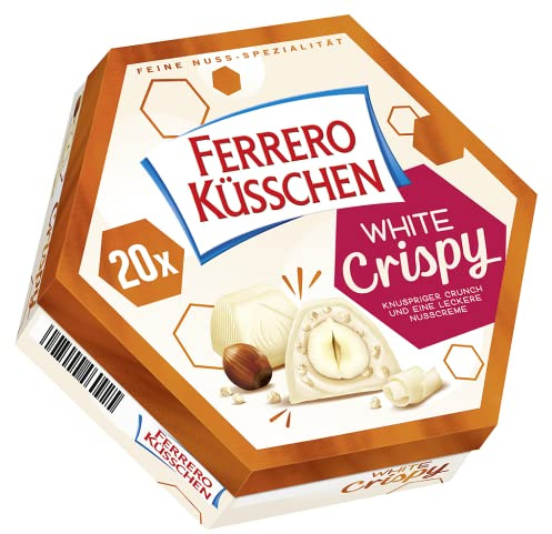 Ferrero Küsschen White Crispy – Knackig geröstete Haselnuss in heller Creme mit knusprigen Crispies, umhüllt von weißer Schokolade – Muttertagsgeschenk – 1 Packung à 20 Einzelpralinen