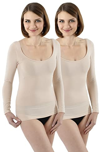 ALBERT KREUZ 2-Pack Wärmeres Langarm Unterhemd unsichtbar mit tiefem weiten Ausschnitt Stretch-Baumwolle, Gr. S