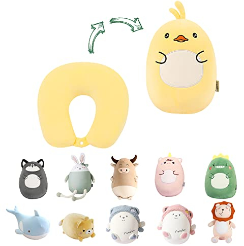 JOYRAVO Almohada de Viaje 2-en-1 para Niños - Peluche de Dinosaurio Convertible en Almohada Cervical en Forma de U para un Confort Óptimo Durante los Viajes (avión, Auto, Tren, autobús) - Pato