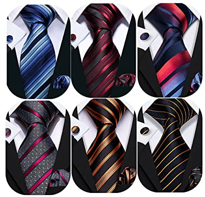 Barry.Wang 6 PCS Men Ties Set Silk Business Fashion Woven Necktie Handkerchief Cufflinks Paisley Stripe Wedding Party