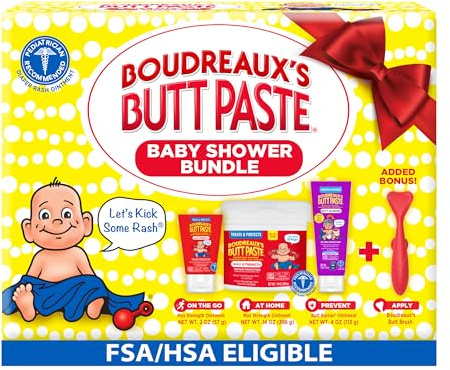 Boudreaux’s Butt Paste Baby Shower Bundle with 3 Newborn Essentials – Zinc Oxide Diaper Rash Cream (14 Oz Jar & 2 Oz Tube), Preventative Ointment (4 Oz Tube) and Silicone Applicator