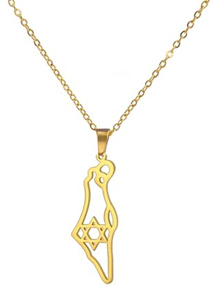 Amaxer Collar con colgante de estrella de David con mapa de Israel y Palestina, joyería de acero inoxidable, regalo para mujeres y hombres, L50, Acero inoxidable