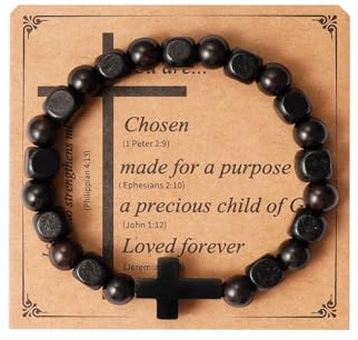 Eigso Noir Perles Bois Bracelet Pâques Cadeau pour Homme Matt Onyx Perles Chrétien Croix Bracelet pour Mari Femme