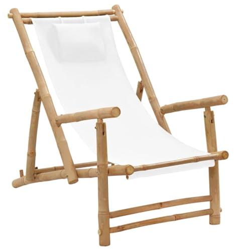 INLIFE Tumbona de bambú y tela blanca crema, muebles de jardín (8,5 kg)