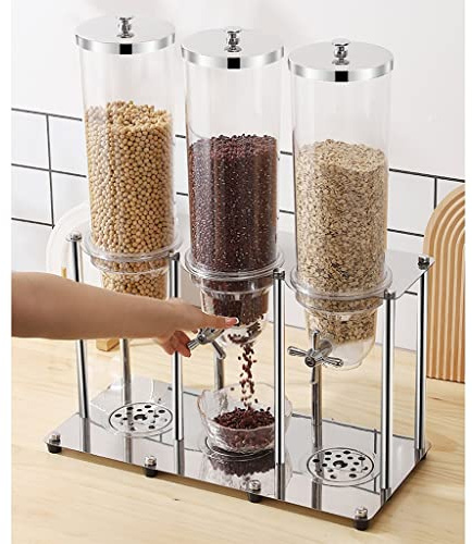 Dispensador de alimentos secos de acero inoxidable, contenedor de triple control para cereales, frutos secos, dulces, solución de almacenamiento conveniente y duradera, capacidad de 10,5 litros