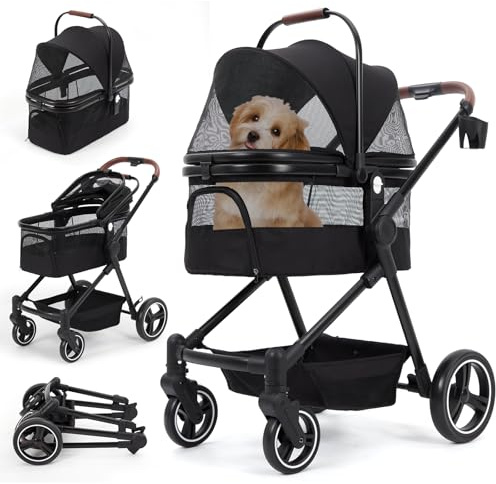 Carrito plegable 3 en 1 para perros pequeños y gatos de hasta 15 kg – Cochecito para mascotas con correa de seguridad, amortiguación, freno de un pedal, ventanas de malla y espacio de almacenamiento,