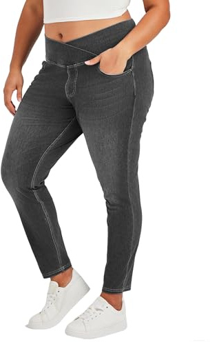 LaiEr Mujer Skinny Jeans V Cruzada de Cintura Alta Barriga Casual Fitness Leggings, Soft Stretch Casual Faux Denim Print Laterales Adecuado para Deportes y Ocio,con Bolsillos