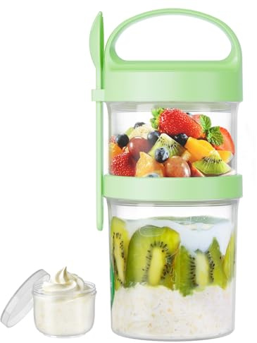 Luxear Portátil Taza de Cereales y Yogur 560ml+360ml, Reutilizable Taza para Cereales para Llevar con Tapa y Cuchara, Libre de BPA, Ideal para Yogur, Frutas, Ensaladas, Frutos Secos y Avena, Verde