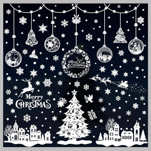 Pegatinas Navidad Ventanas Cristal - 244pez Decoracion Navidad Ventana y Escaparate, PVC Vinilos Navideños Reutilizables, Blanco Adornos Adhesivos de Natal con Árbol de Navidad, Copos de Nieve