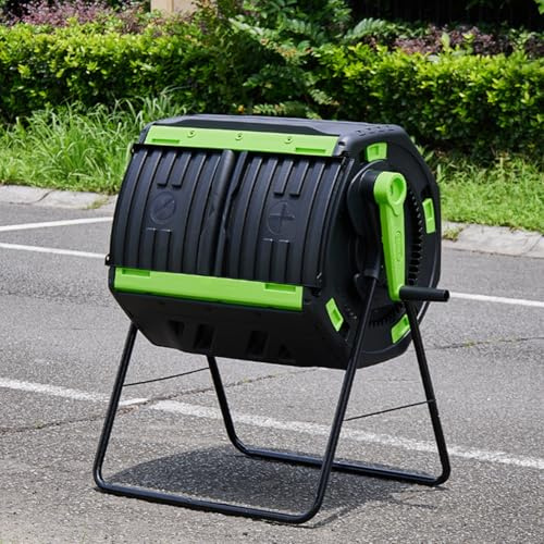 Compost Bin, Outdoor Tumbling Composter with Double-Door Lid and Vent Design, Dual Chamber Waste Recycling Machine for Garden and Kitchen