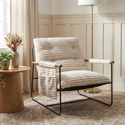 Comfy Accent Chair Modern Living Room Chair Cozy Lounge Chairs Oversized Armchair With Wood Armrests Sturdy Metal Frame Upholstered Reading Chair Soft Cushion sofa Chairs For Bedroom Balcony Porch