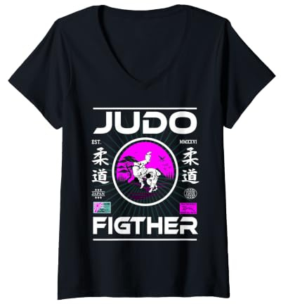Femme Judo Fighter avec Kanji pour Judoka T-Shirt avec Col en V