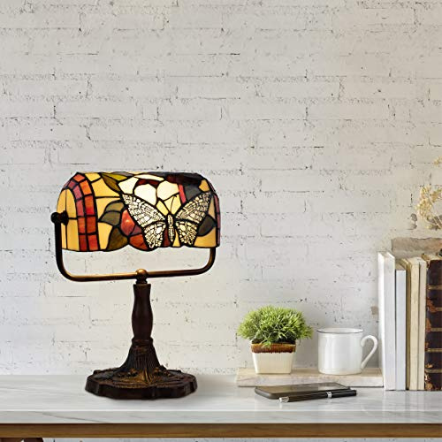 Tiffany Style Bankers Lamp-Stained Glass Butterfly Design Table or Desk Light LED Bulb Included-Vintage Look Colorful Accent Decor by Lavish Home