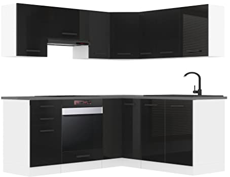 Belini Küchenzeile Küchenblock Küche L-Form Sarah Küchenmöbel mit Griffe, Einbauküche ohne Elektrogeräten mit Hängeschränke und Unterschränke, mit Arbeitsplatten, Schwarz Hochglanz