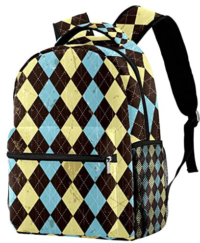 Rucksack Rucksack Schultasche Reise Casual Daypack für Frauen Teen Mädchen Jungen, Grunge Argyle Blau Gelb Braun Muster Geometrisch, multi