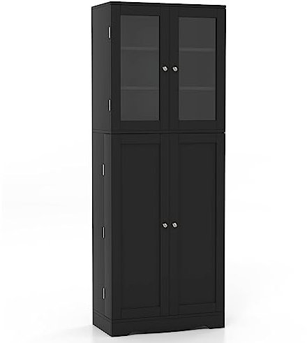 GiantexUK Tall Storage Cupboard, Kitchen Cabinet with Glass Doors, Shelves, Door Racks & Anti-Toppling Kit, Freestanding Buffet Sideboard for Home Dining Living Room Coffee Shop (Black)