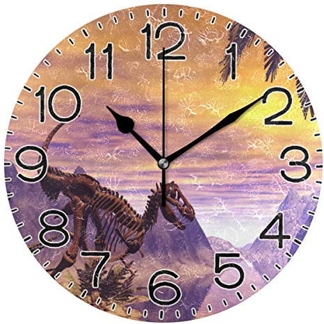 SJOAOAA Dinosaur Skeleton Fantasy Landscape The Su Wall Clock Battery Operated Non Ticking Silent Quartz Analog Rustic Farmhouse Round Clock Retro Decor for Home Kitchen Living Ro