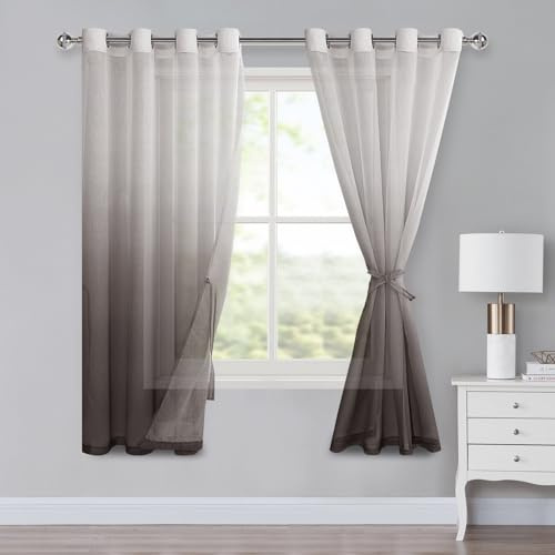 XWZO Ombre gardiner med öljetter, färggradient gardin, voile sheer gradient gardiner, set om 2 för sovrum och vardagsrum, öljettgardiner med gardinomtag H 160 x 140 cm, kaffebrun