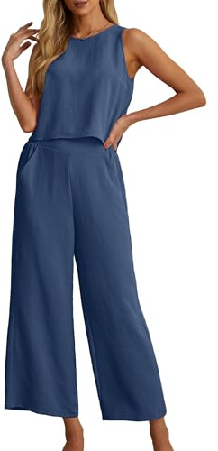 IWOLLENCE Co Ord Sets for Women 2 Piece Outfits Lounge Wear for UK Travel Airport Set Sleeveless Crop Tops Wide Leg Trousers with Pockets Casual Tracksuit Full Set Elegant