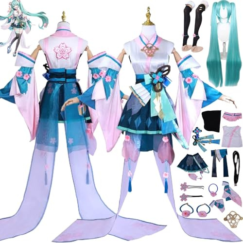 bbganlian Spiel O'nmyoji Linkage Miku Cosplay Kostüm Outfit H'atsune M'iku Uniform Komplettes Set Halloween Karneval Dress Up Anzug mit Kopfschmuck Perücke für Frauen Mädchen (L)