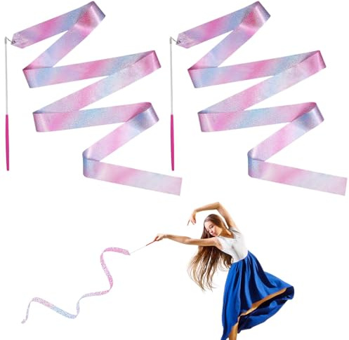 JINSIHU 2 Pezzi Nastri da Ballo, 4 m Nastro da Ginnastica Ritmica Nastri da Danza Dance Ribbons Ginnastica Ritmica Bacchetta Ginnastica Ritmica Bacchetta per Talentshow Allenamento Artistico di Danza