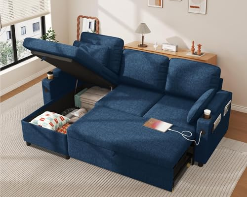 DURASPACE Sofa Bed, Sleeper Sofa Couch with Pullout Bed for Living Room, L Shaped Couch with Storage Chaise, USB, Cup Holder (Blue Linen)
