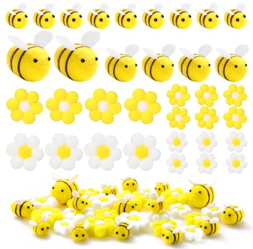 SmoothNovelty 35 Pcs Felt Bees Daisy Set for Bee Day Party Decor,15 Mini Honeybees and 20 Felt Sunflower for Beehive Accessories DIY Craft Baby Shower Birthday Gender Reveal Party Supplies