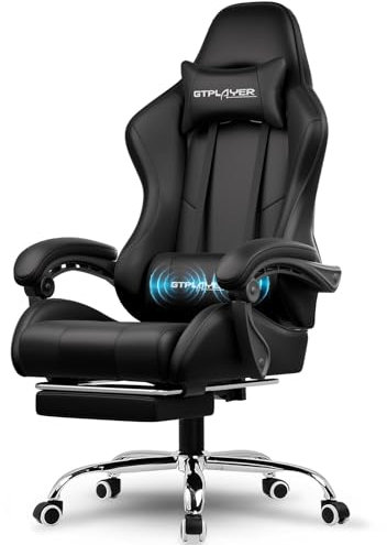 LUCKRACER Gaming Chair Massage With Footrest Ergonomic Computer Chairs High Back Support Height Adjustable Reclining Heavy Duty PC Chair (Faux Leather, Black)