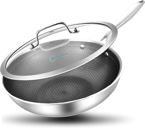 LOLYKITCH 26CM Tri-Ply Stainless Steel Wok Non Stick Pan with Lid