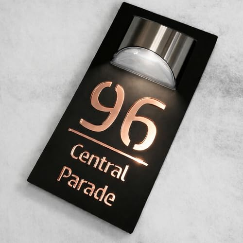 House Numbers Plaques With Solar Light House Numbers Door Signs Personalised Door Number For Wall Name Outside (Black and Mirror Rose Gold)