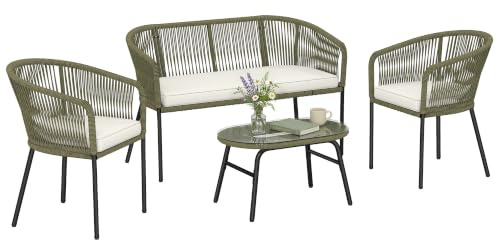 Outsunny Salon de Jardin Extérieur 4 Places PP Rond Tressé Balcon Crème | Canapé 2 Places, 2 Fauteuils, Table Basse Verre Trempé, Mobilier de Jardin Terrasse, Coussins Déhoussables