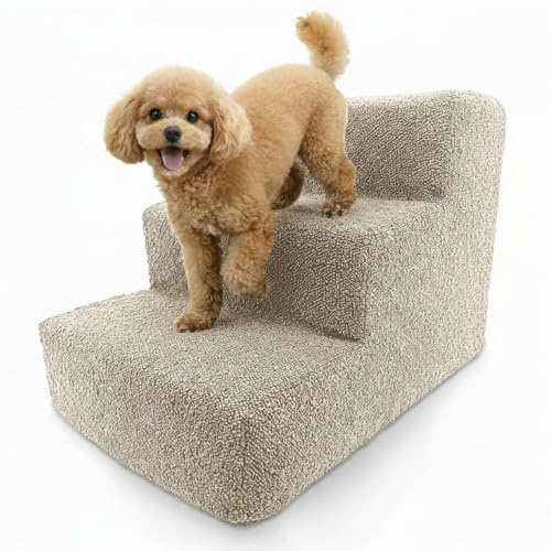 Muralo Scaletta per Cani di Piccola Taglia e Gatti - Scala 30 cm con 3 Gradini, Antiscivolo, Fino a 17 kg, Tessuto Bouclé Lavabile, Accesso a Letto, Divano e Poltrona (Beige)