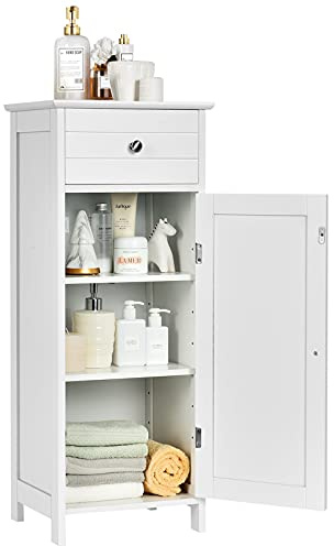 COSTWAY Mobile Bagno, Armadietto Salvaspazio con Cassetto e 2 Ripiani Regolabili, Mobiletto Multiuso in Legno per Soggiorno, Camera da letto e Ufficio, 36 x 30 x88cm (Bianco)