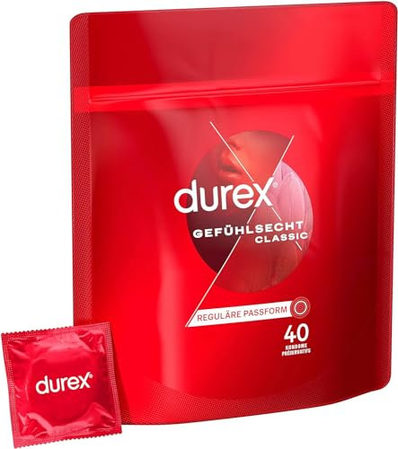 Durex Gefühlsecht Classic Kondome – Dünne Kondome mit anatomischer Easy-On-Form & mit Silikongleitgel befeuchtet – 40er Pack (1 x 40 Stück)