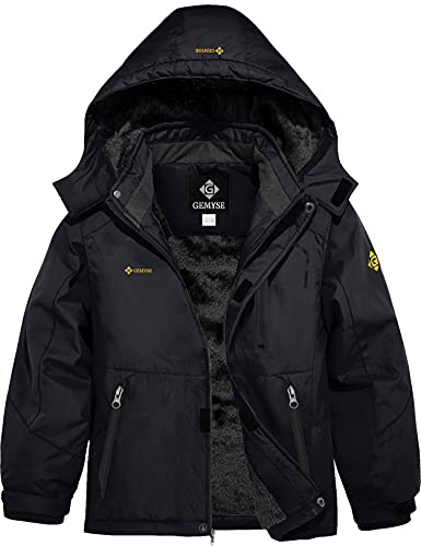 GEMYSE Boy's Waterproof Ski Snow Jacket Hooded Fleece Windproof Winter Jacket (Black,6/7)