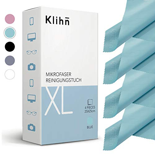 Klihn - Mikrofaser Brillenputztücher XL (4er Pack / 25cm x 25cm) in Profiqualität auch für Displays und Objektive (Große Mikrofasertücher aus feiner Spezialfaser, waschbar) (XL-Blau)