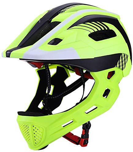 QYTK Fahrradhelm Kinder mit Abnehmbarem Kinnschutz Jungen/Mädchen Fahrrad Integralhelm Downhill Helm Skateboard Rollerblading Inlineskaten Kinderfahrradhelm Licht Helm (52-56CM) (Gelb Schwarz Weiß)