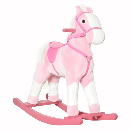 HOMCOM Cheval à Bascule en Bois et Peluche pour Enfant Cheval de Cowboy Peluche pour Enfants de 3-6 Ans Jouet balançoire avec Effet sonore Selle rênes Rose Blanc