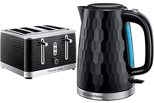 Russell Hobbs 24381 Inspire High Gloss Plastic Four Slice Toaster, Black & 26051 Cordless Electric Kettle - Contemporary Honeycomb Design with Fast Boil and Boil Dry Protection, Black