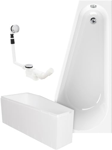 Calmwaters® Raumspar-Badewannen-Set 160x70 cm, Made in EU, mit Wannenträger & Ablaufgarnitur, Acrylwanne Essential Small, platzsparende Wanne, Set Badewanne komplett, 160 x 70 cm, Weiß