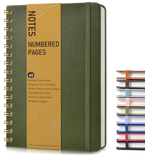 Lined Spiral Journal Notebook, A5 Hardcover Spiral Journals for Women Men, 150 Numbered Pages Spiral Bound Notebook, 100 GSM College Ruled Notebooks for Work, Note Taking 5.75 x 8.38, Olive Green