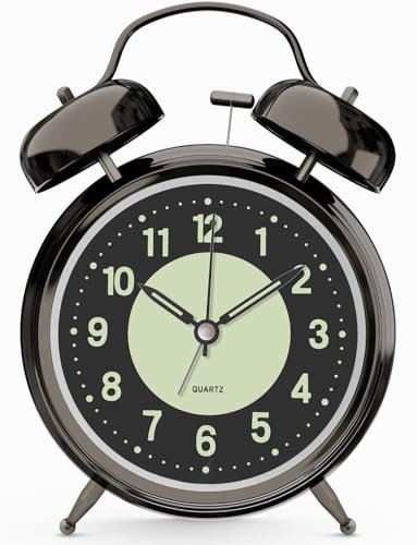 Loud Alarm Clock for Adults Sleeping Heavy Metal Double Bell Battery Operated Alarm Clock for Bedroom Silent Decoration Non Ticking (Black Nickel)