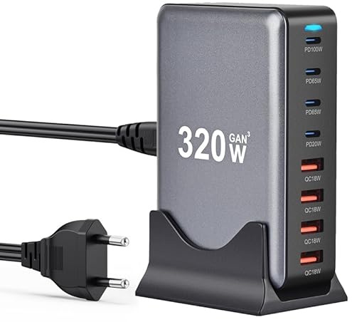NXPGKEA USB C Laddare Block 320W 8 Port GaN3 Snabbladdningsstation Kompatibel med Bärbar Dator, iPad, iPhone 16/15/14/13 /12 Pro Max Snabbladdare Pixel Note MacBook Pro/Air USB C-laddare för Android