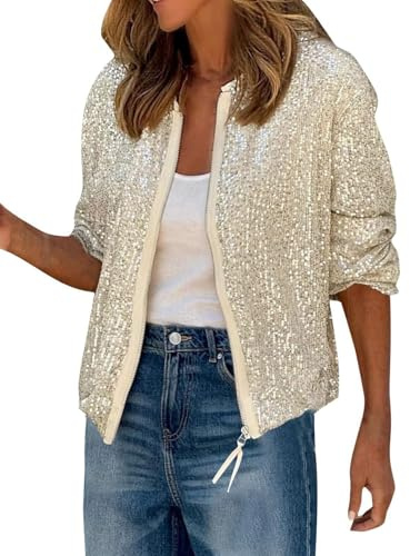 shownicer Paillettes Veste Femme Élégante Manches Longues Manteau Jacket Casual Zipper Party Blouson Bomber Veste Streetwear A Abricot L